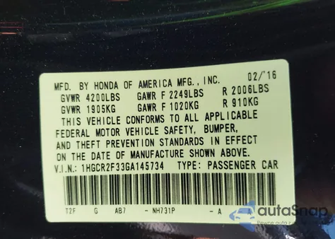 2016 Honda Accord Lx из США, поврежденный, VIN 1HGCR2F33GA145734